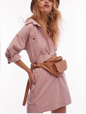 Free People Hazel Dusty Pink Cotton Utility Button Down Mini Dress S